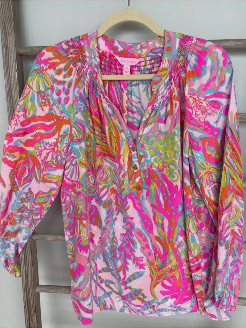 Lilly Pulitzer Pink Multicolor Floral V-Neck Peasant Blouse